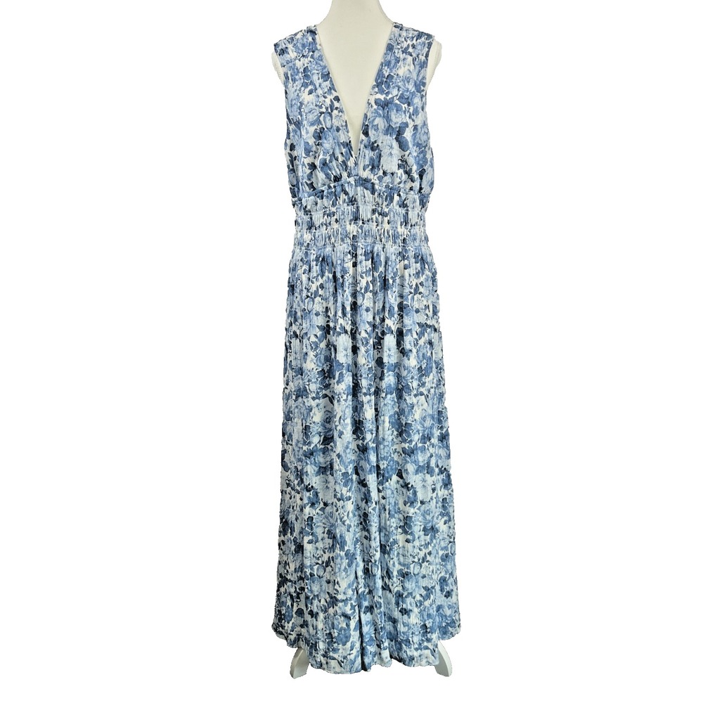 Abercrombie & Fitch Blue White Floral Maxi Dress XL Smocked Sleeveless V-neck